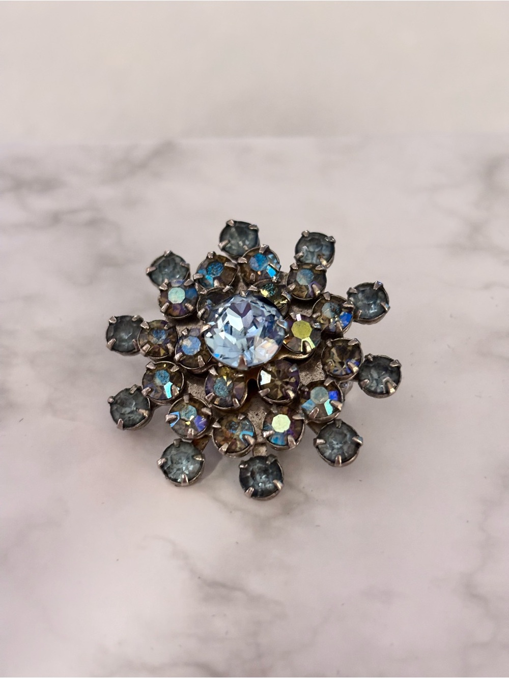 Vintage Blue Rhinestone Starburst Brooch Aurora Borealis Statement Pin